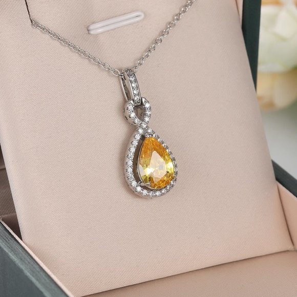 🎁 Water Drop CZ Dazzling Noble Yellow Gemstone Hollow Necklace, EVGG1110 - Picture 2 of 6